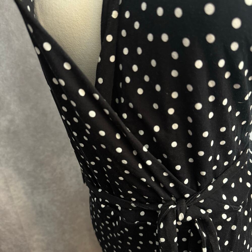 Black White Polka Dot Wrap Dress Stretchy XXL with Tie Bow Waist Mid Length - Picture 8 of 10